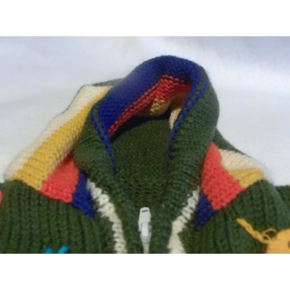 Vintage Hand Knit Animal Applique Hooded Zip Cardigan Sweater Kids GreenMulti 2T